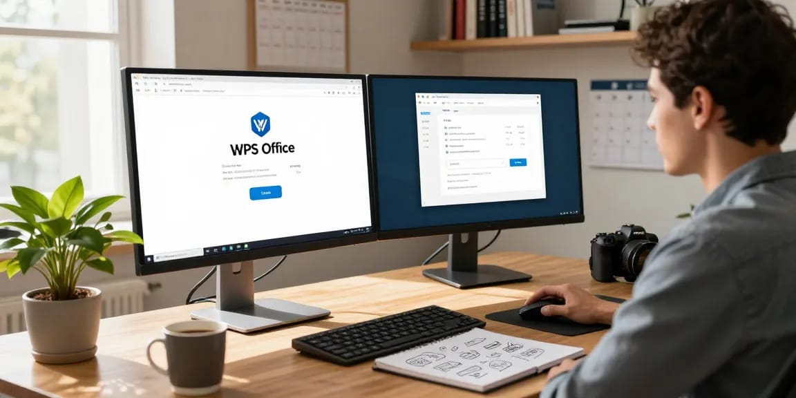 WPS Download process on dual monitors in a modern home office