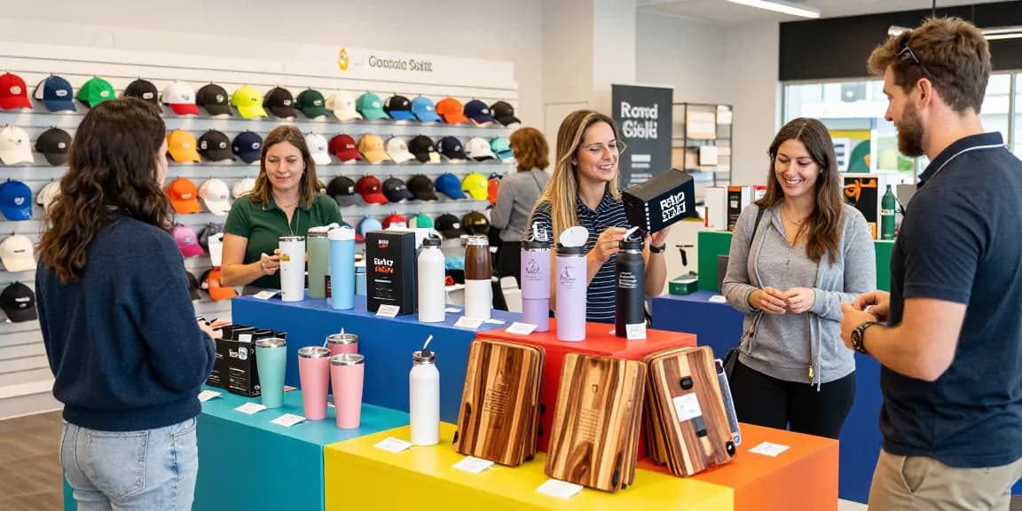 Explore corporate gifts in a vibrant showroom filled with branded merchandise and unique accessories.