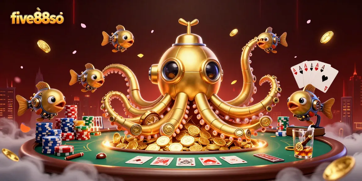Engage with thrilling gaming at five88so, showcasing a vibrant kraken submarine and energetic poker elements.