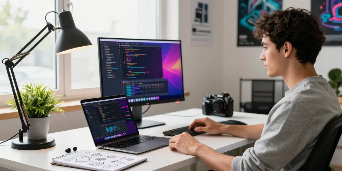 Developer working at modern desk, showcasing WPS Official Website tools and vibrant code.