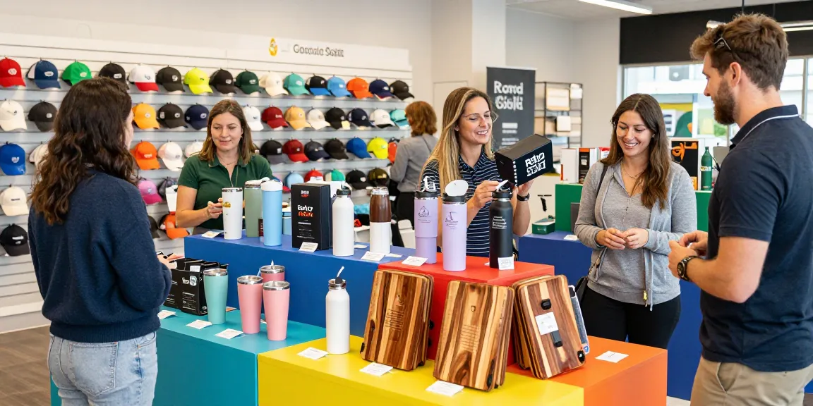 Explore corporate gifts in a vibrant showroom filled with branded merchandise and unique accessories.