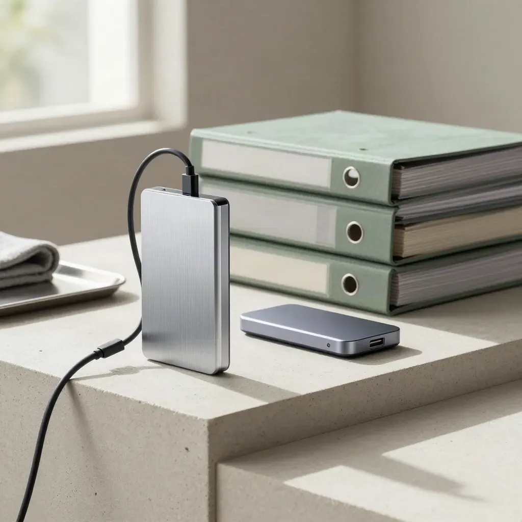Brushed SSD, ethernet cable, USB-C dock and archive binders on a rain-dusted concrete plinth.