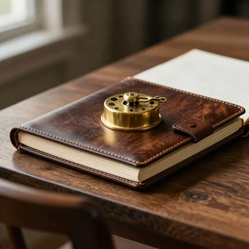 Walnut portfolio, brass paperweight, and closed notebook in dramatic still life