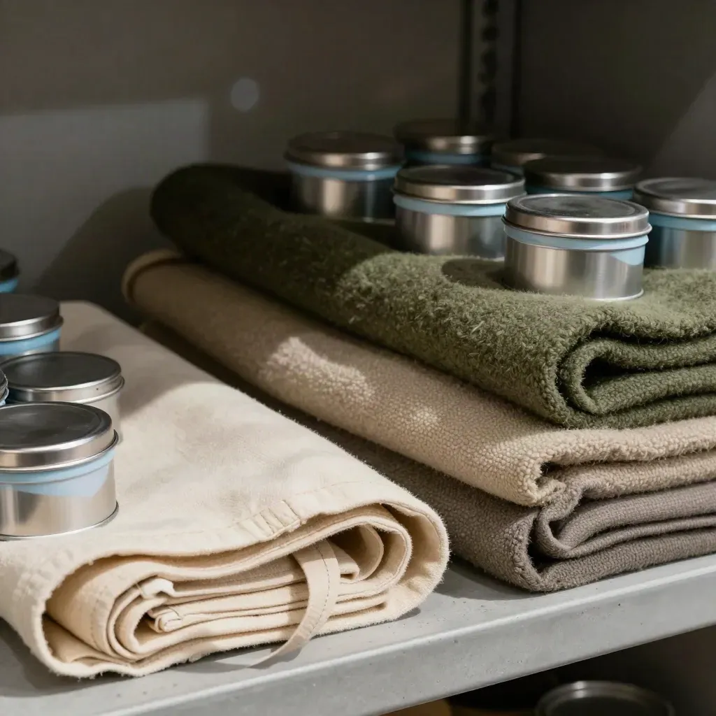 Overhead macro of wool blankets, sealed tins, and a canvas tote on concrete with soft blur.