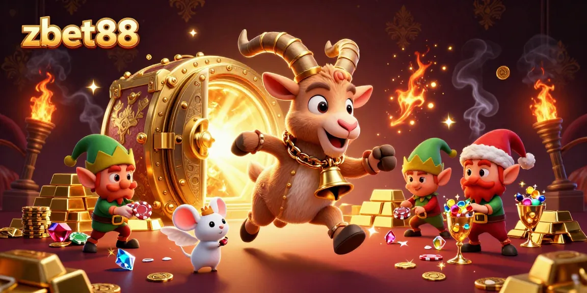 Engage with zbet88 at a lively online casino scene featuring festive characters and treasure.