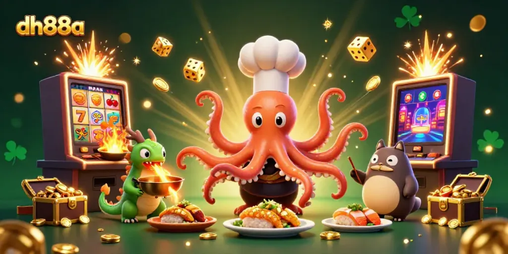 Experience thrilling wins at dh88a with an animated scene of slot jackpots and vibrant casino characters.