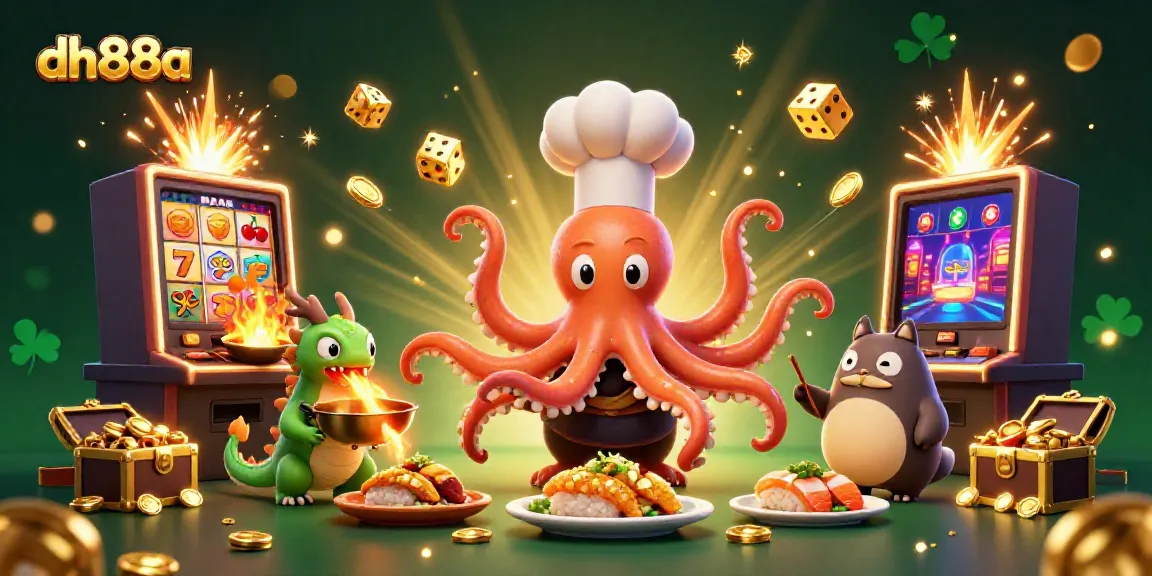 Experience thrilling wins at dh88a with an animated scene of slot jackpots and vibrant casino characters.