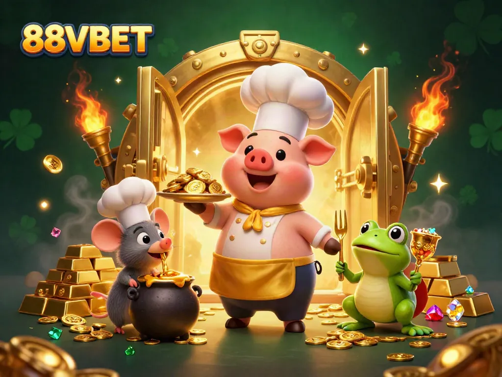 Experience the excitement of winning with 88VBET's vibrant gambling-themed illustration featuring chefs and gold.