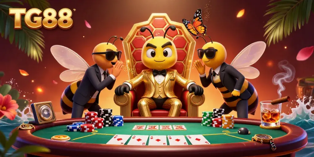 Experience the excitement of TG88 with a vibrant 3D casino scene filled with poker action and character intrigue.