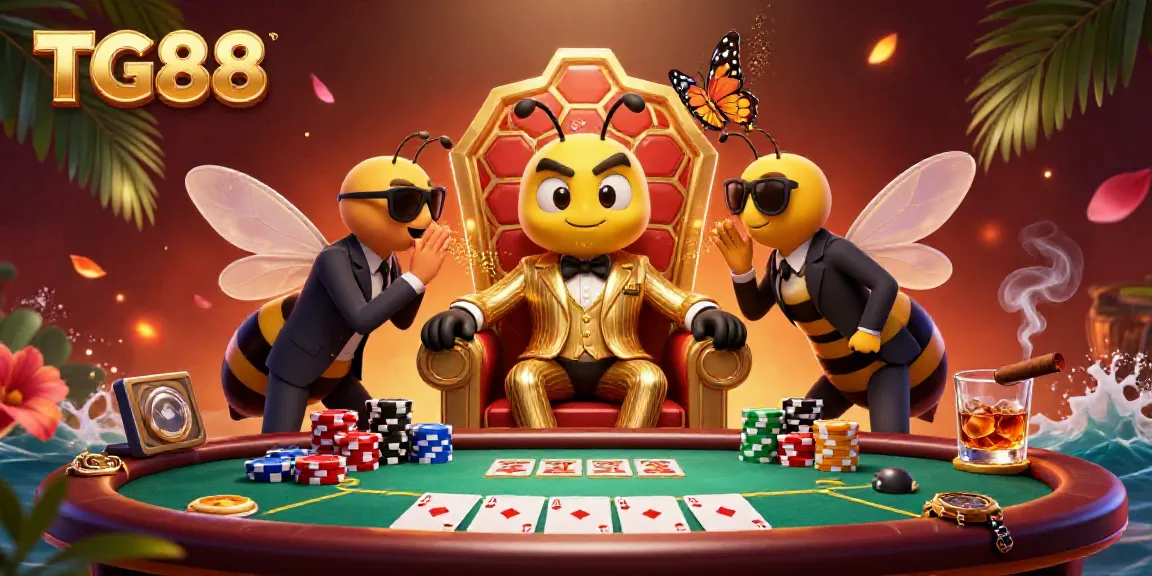 Experience the excitement of TG88 with a vibrant 3D casino scene filled with poker action and character intrigue.