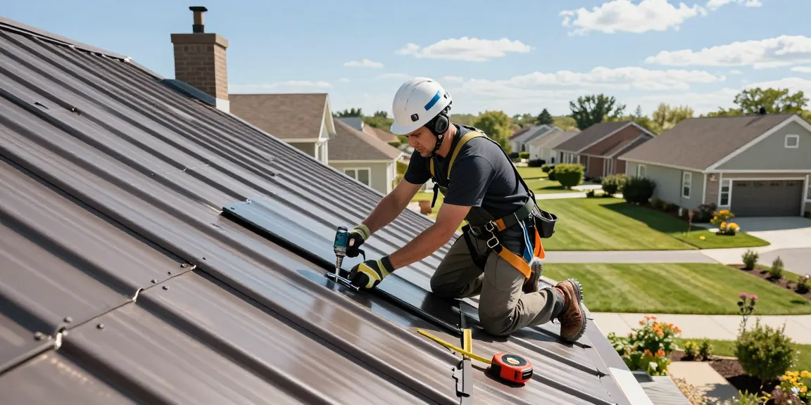 Professional metal roof installer applying roofing panels on suburban home, showcasing craftsmanship and quality.